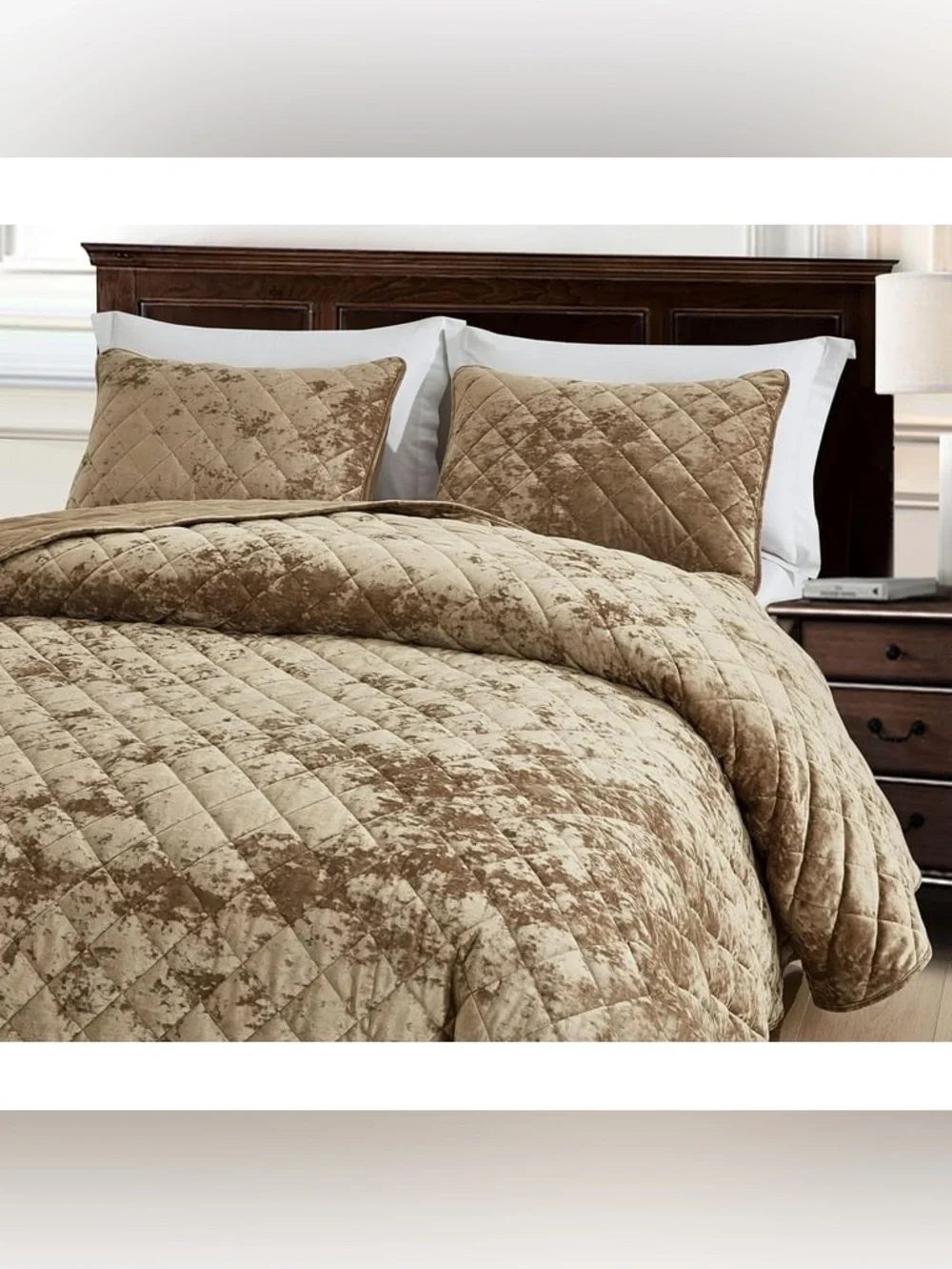 Plush queen 3 piece Quilted Velvet Bedspread Set - Taupe